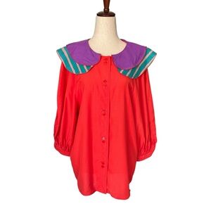 Vintage 80s Jeanne Marc Colorful Color Block Peter Pan Blouse Top sz Small